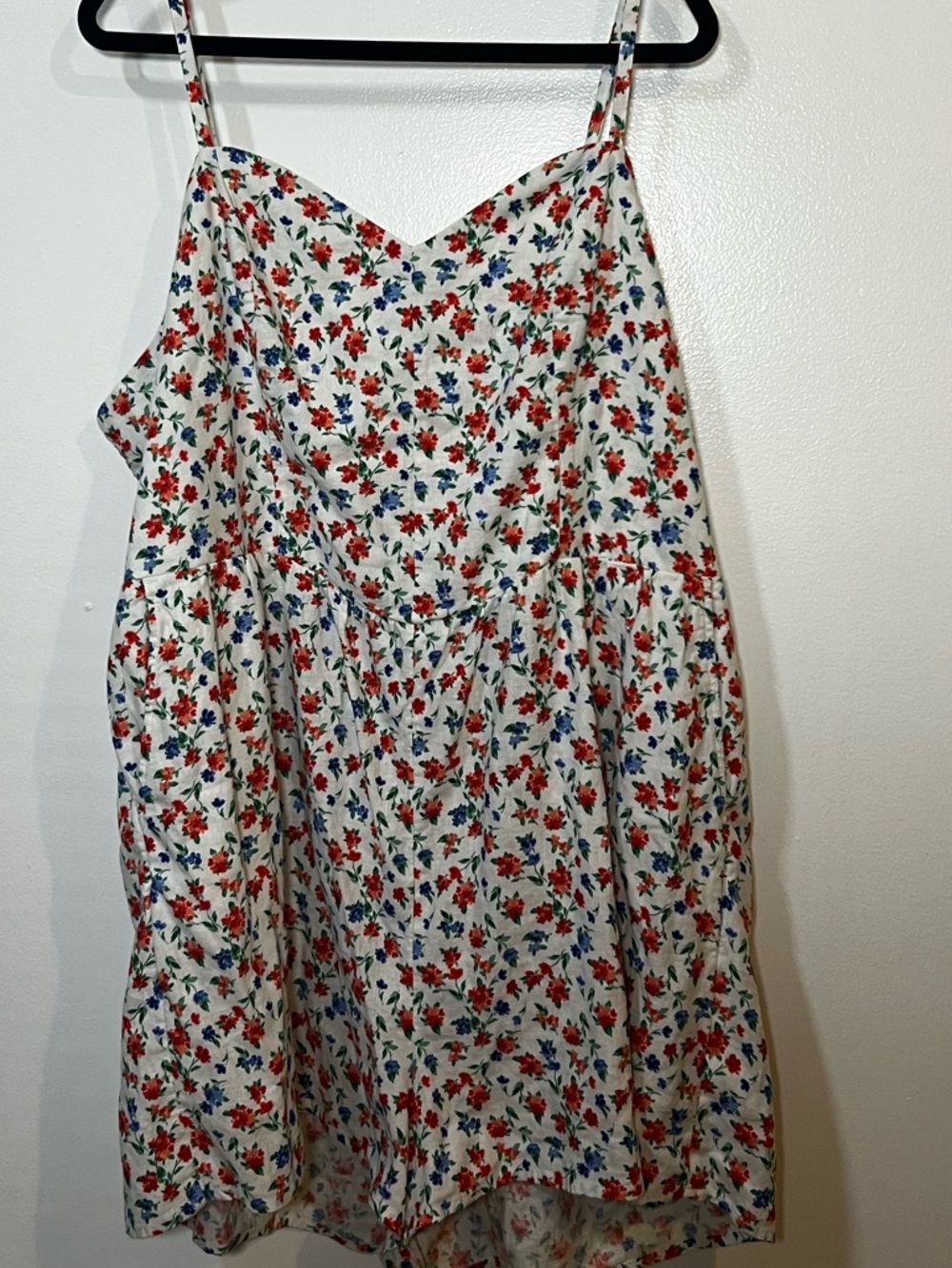 Old Navy White Floral Smocked Cami Romper with Red and Blue Blossoms
